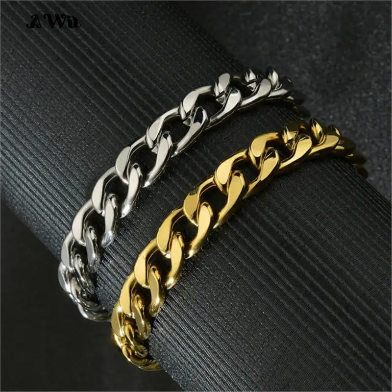 Awit 3-7mm Simple Stainless Steel Men Curb Cuban Chain Fashion Women Bracelet On Hand For Couple Unisex Wrist Jewelry Gift Party