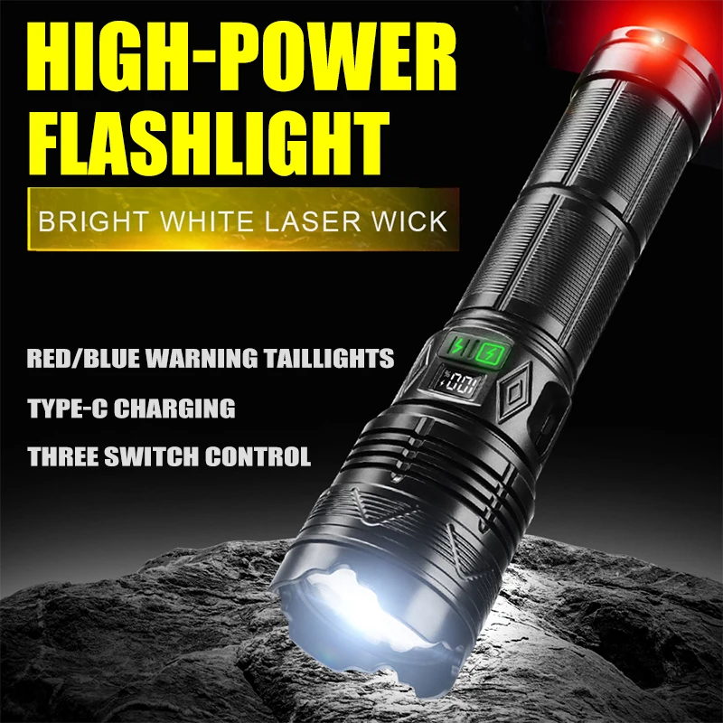 High Power LED Zoom Flashlight Type-c Rechargeable Digital Display Outdoor Waterproof Exploration Fishing Emergency Lighting