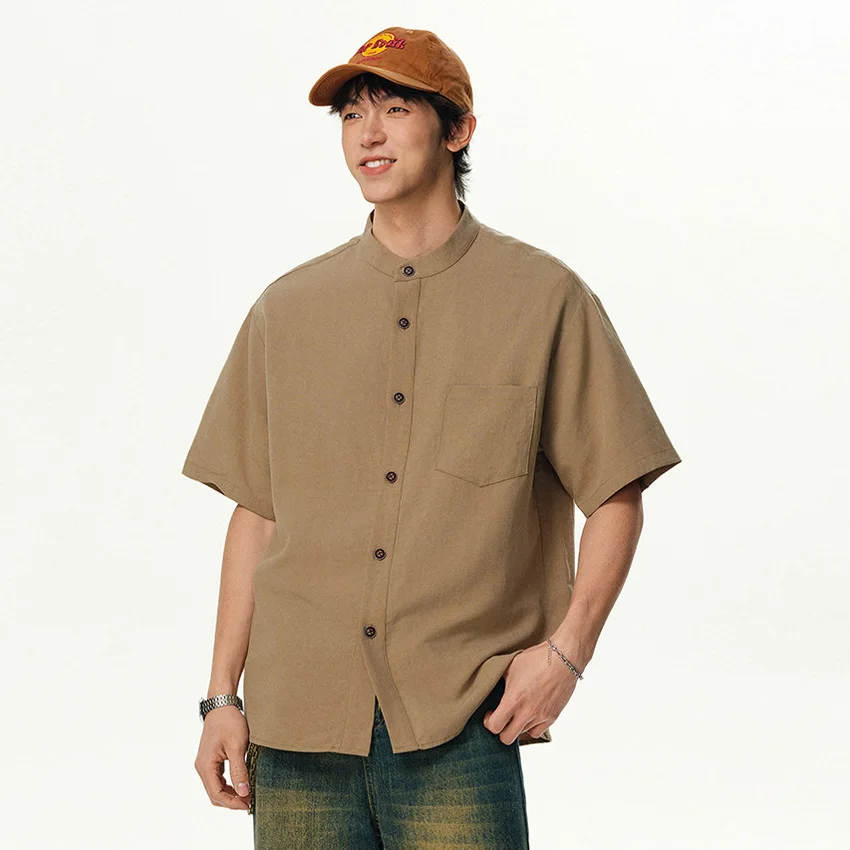 Men Summer Streetwear Breathable Loose Casual Short Sleeve Stand Collar Plus Size Shirts Cityboy Oversize Shirt Blouse