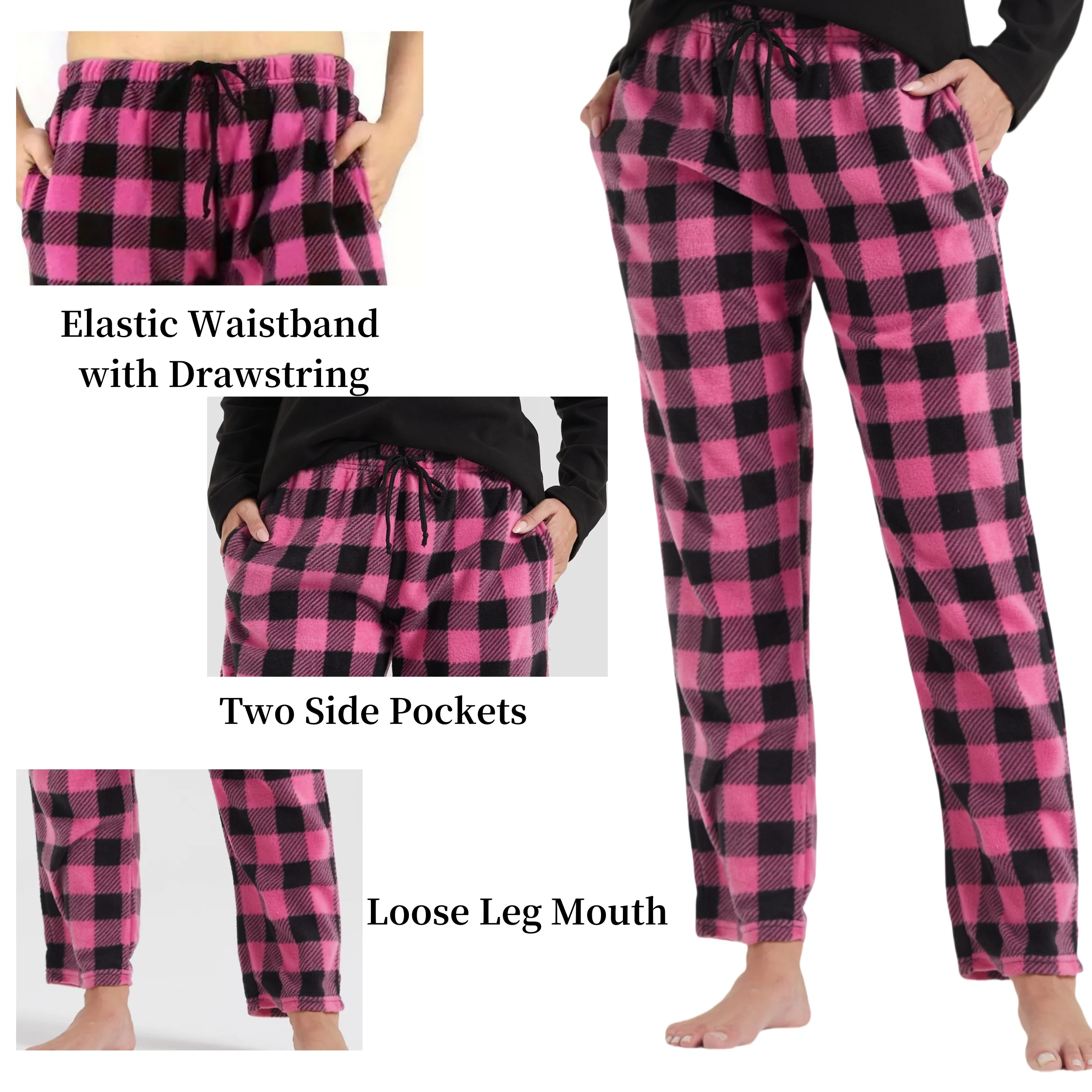 Womens Comy Fleece Plaid Pajama Pants with Pockets & Drawstring Lounge Sleepwear