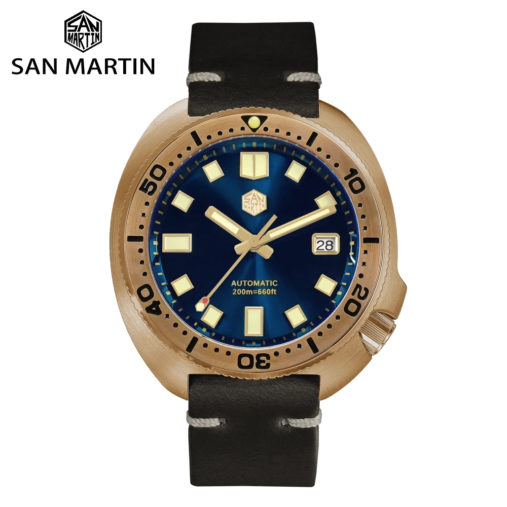 San Martin 44mm Abalone V4 Turtle Solid Bronze Vintage Diver Men Mechanical Watch 20 Bar Luminous Leather Strap Relojes часы