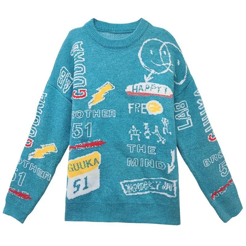

Thicken Winter Sweater Loose Oversize Graphic Pullover Original Designer Blue Cartoon Jumper Top Y2K Korean Fashion Women Casual