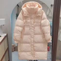 2023 New Winter Down Coat Women's Mid length Knee length Winter Hooded Waist 90% White Duck Down High Quality Coat