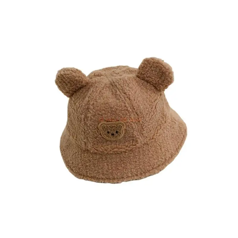 

96GC Warm Fleece Baby Bucket Hat Cartoon Bear Fisherman Caps for Kids 3-8 Years