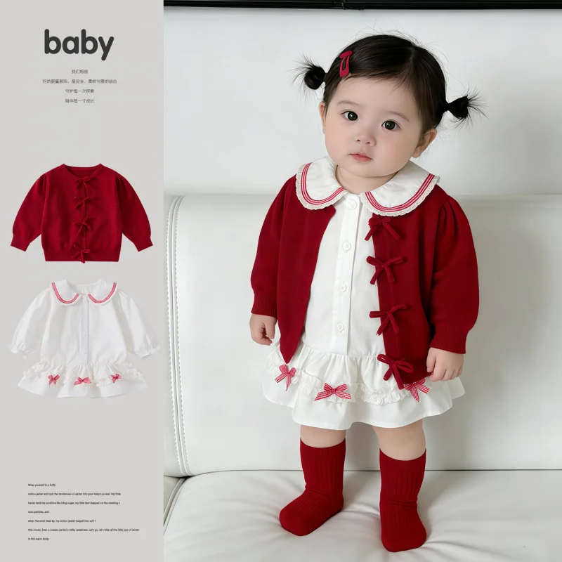 

Spring Infant Bowknot Sweater Coat Set for Baby Girls, Stylish Top with Doll Collar Dress Two-Piece Set