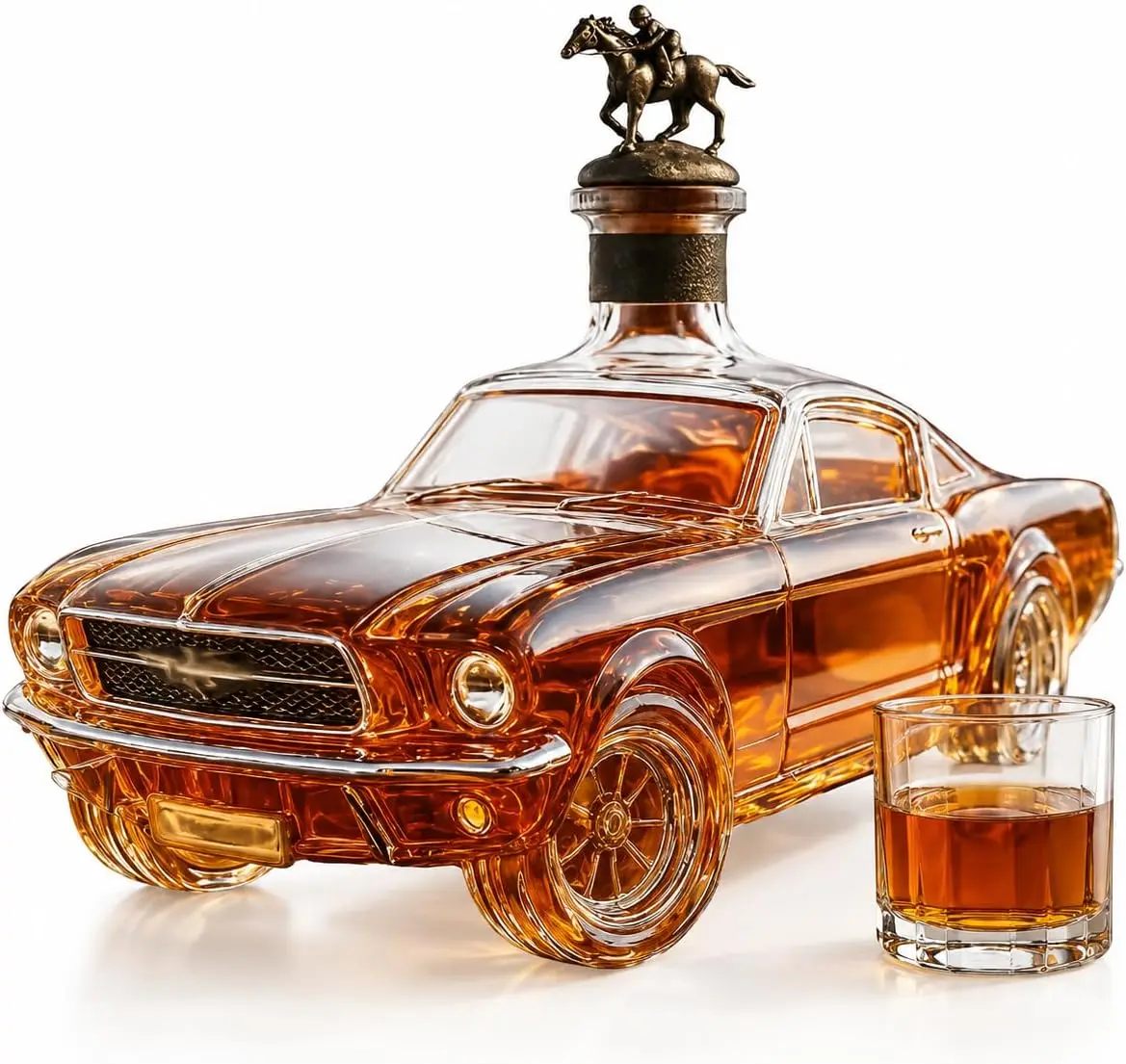 A whiskey bottle shaped like a classic muscle car, crown stopper, lead-free glass, unique gift for car enthusiasts.