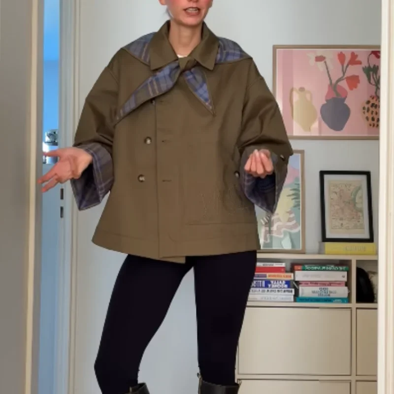 

Vintage Double Sided Leisure Jacket Women's Loose Grid Pattern Lapel Single-breasted Coats 2025 New Autumn Chic Casual Outfits