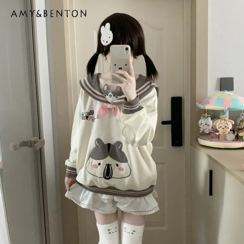 가을 일본식 패치워크 네이비 칼라 만화 자수 애니메이션 달콤한 긴 소매 스웨트셔츠 귀여운 다용도 데일리 루즈 후드티