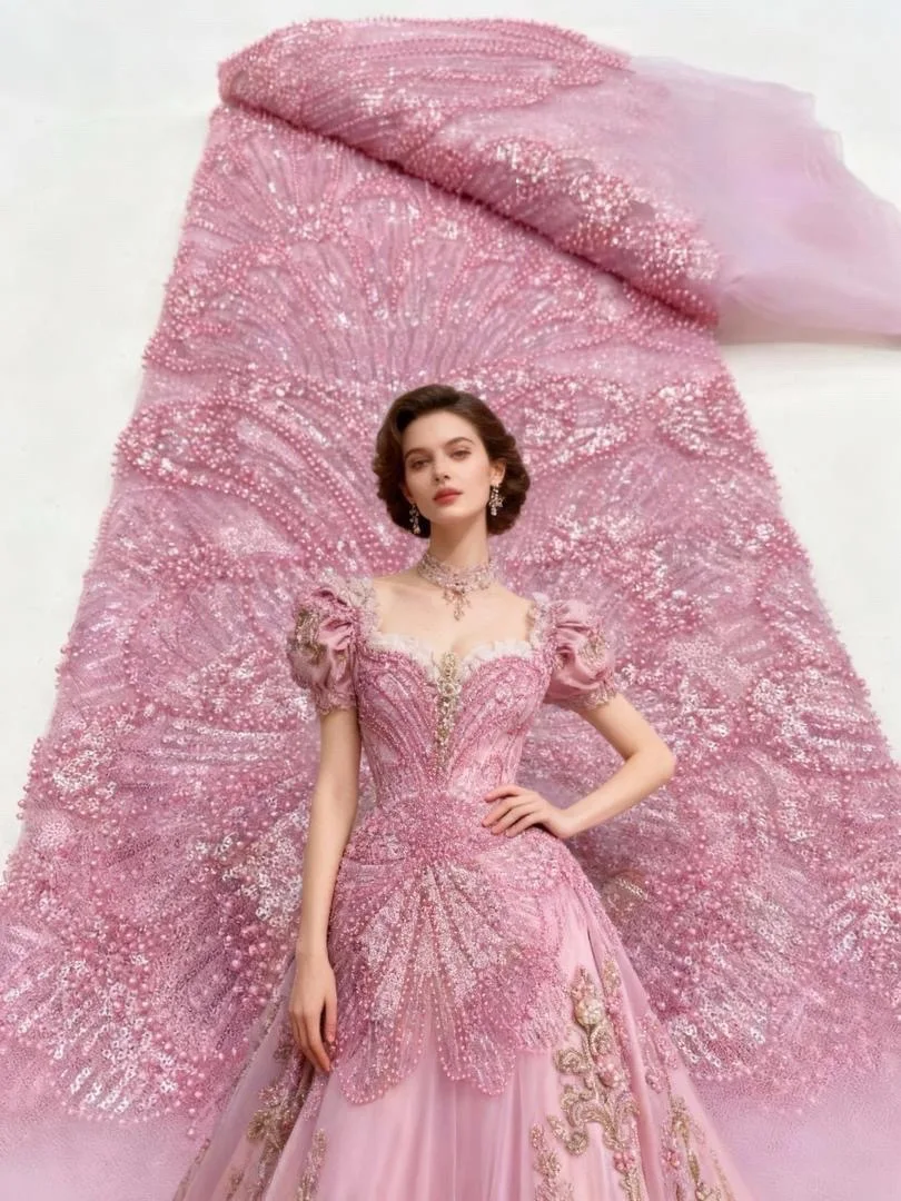

Luxury Pink French Tulle Lace Fabric with Sequins Beads for Bridal Dress Nigerian Groom 2025 High Quality African Wedding Gown
