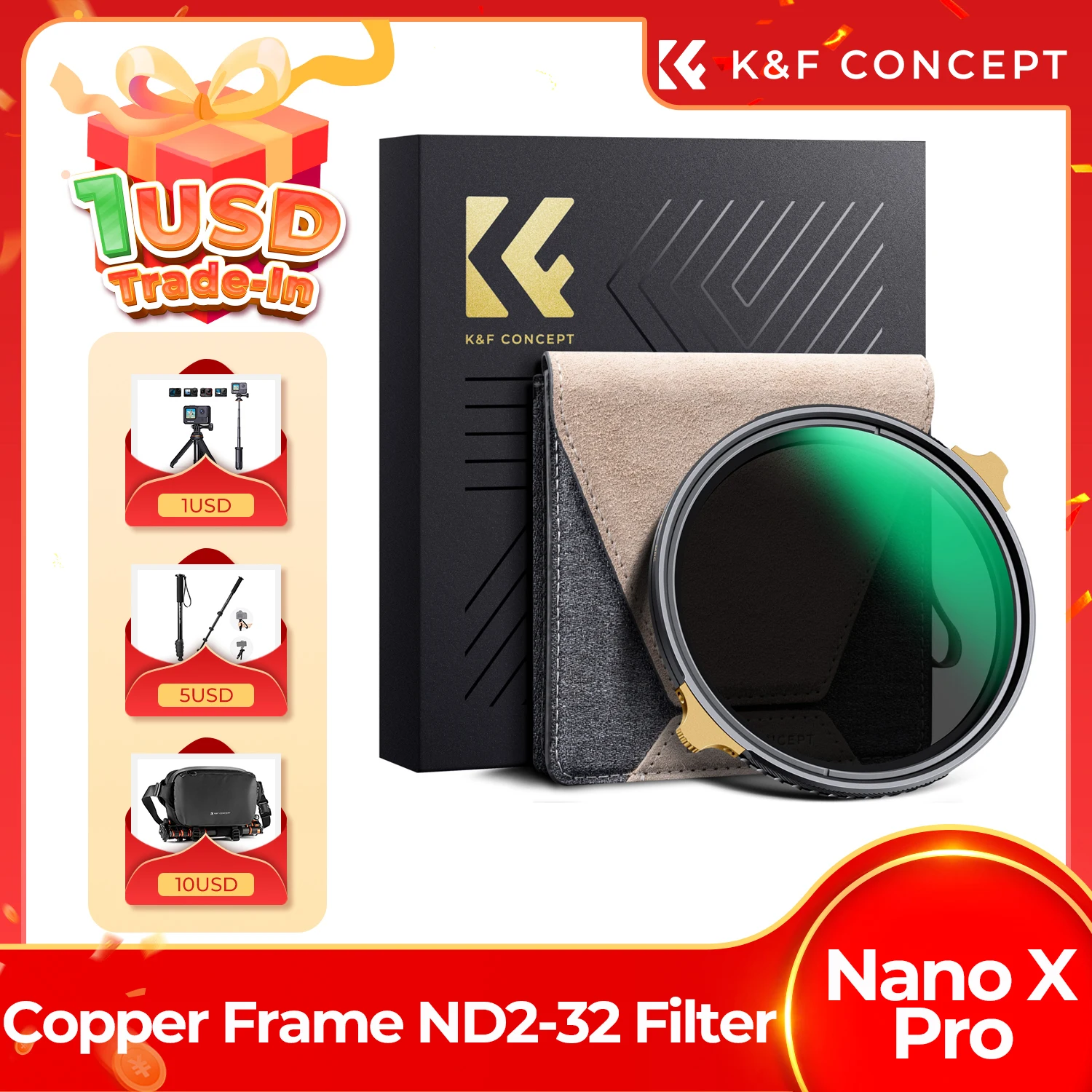 K&F Concept ND Filter ND2-32 Adjustable 36-Layer Anti-Reflection Green Film Copper Frame Nano-X PRO Camera Lens Filter 67mm-82mm