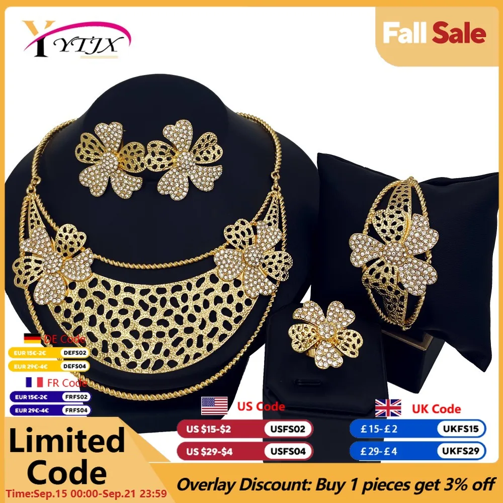 

YTJX Africal Big Flowers Jewelry Set 18K Gold Color Large Necklace Bracelet Zircon Stud Earring Rings Africal Dubai Wedding Gift