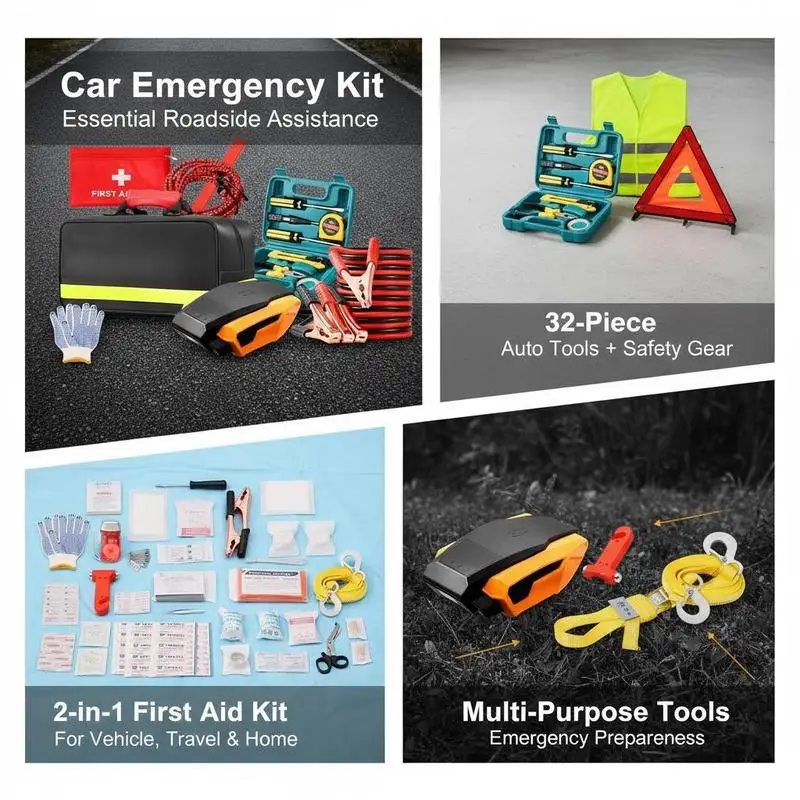 Vehicle Safety Toolbox 32-Piece For Roadside Assistance Travel Home, Jumper Cables Emergency Gear Medical Supplies Compact Storage Case view 4