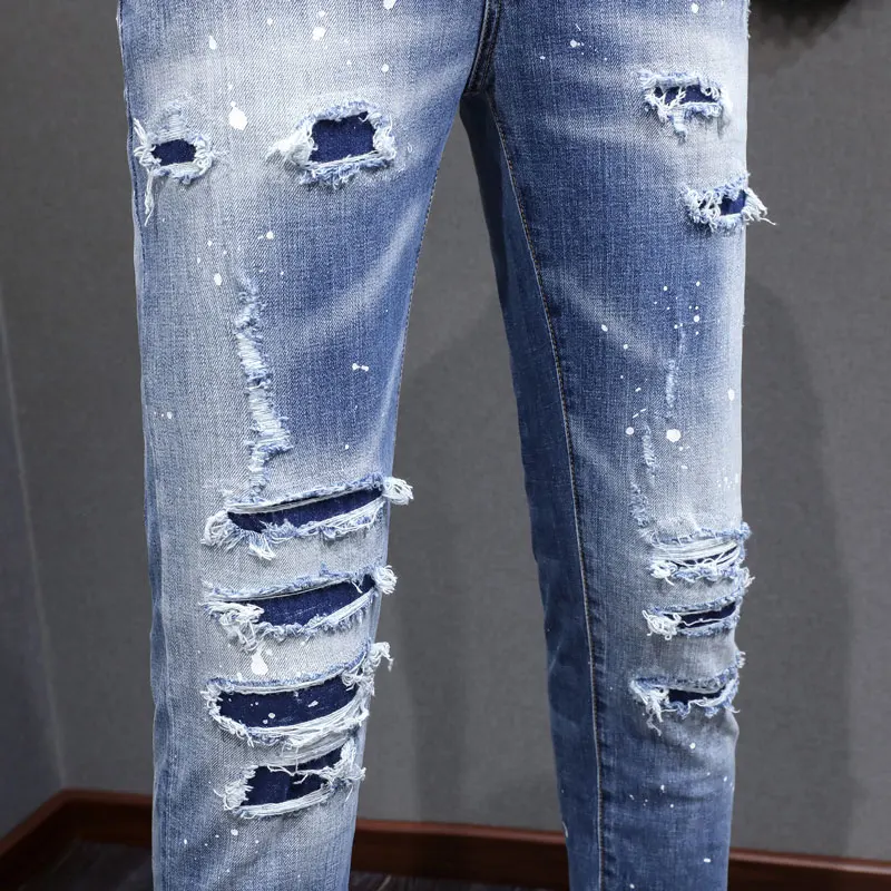 Y2K Street Fashion High Quality Men's Jeans Retro Blue Stretch Slimming Painted Ripple Jeans Men's Splicing Hip Hop Brand Design