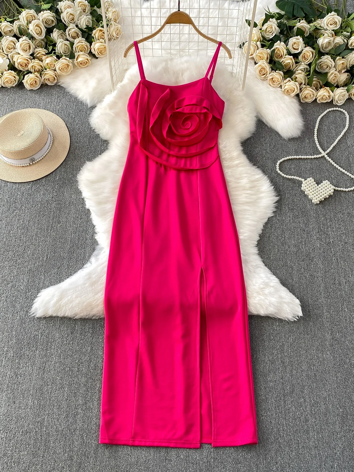 Ele Satén Split Dr Verano Par Vestido Mujer Cintura Alta Una Línea Midi Dr Floral Embelezado Vestido de Noche con Tirantes