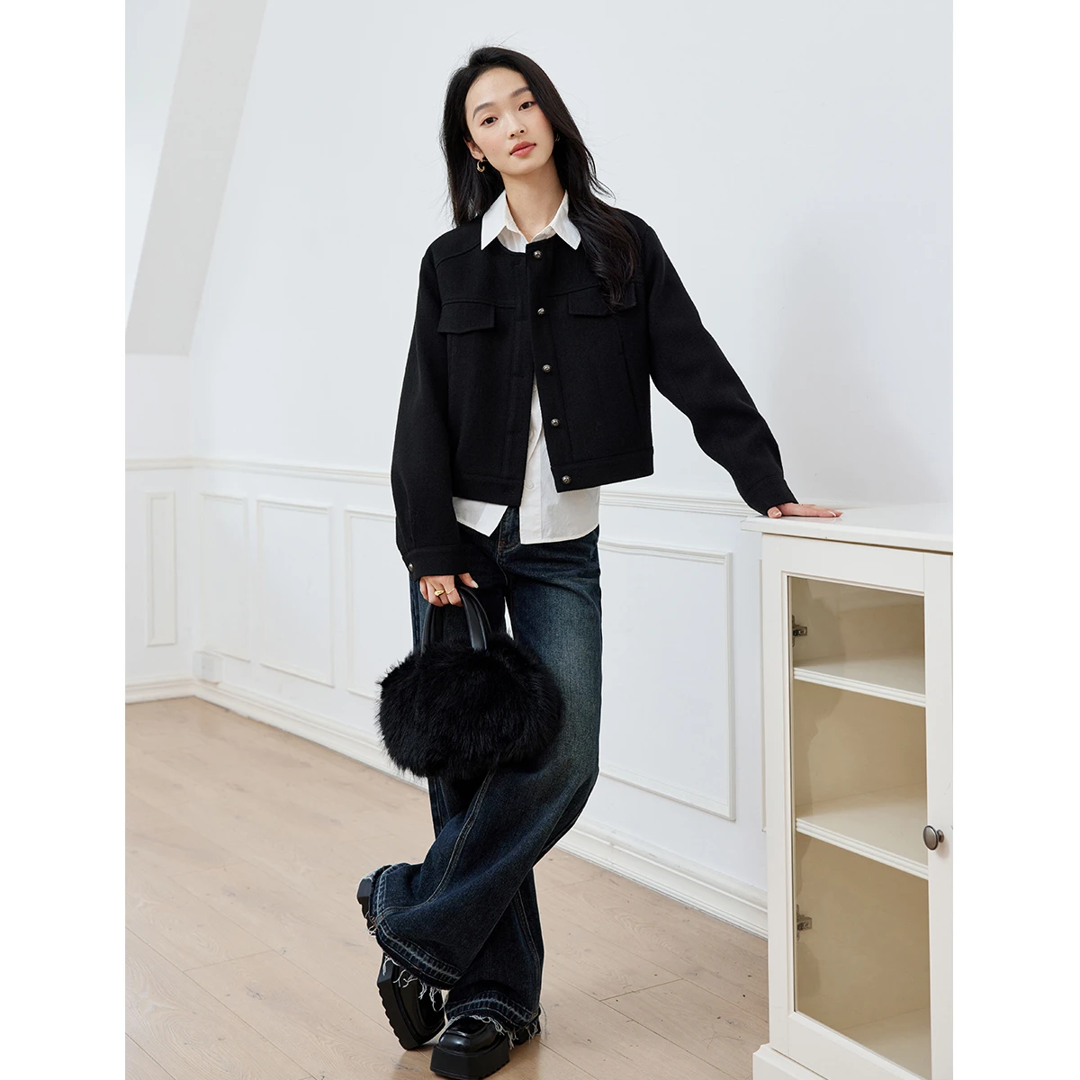 VIMLY Schwarze Jacke für Damen, 2025, Herbst-Safari-Stil, Rundhalsausschnitt, lange Ärmel, Damenmäntel, elegant, lose Knöpfe, weibliche Oberbekleidung M8795