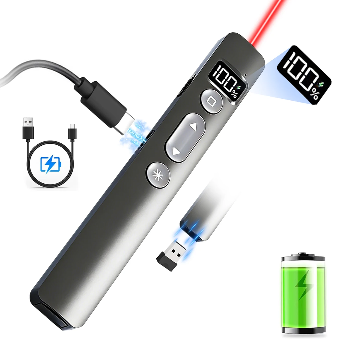Wireless Presenter Remote Controller,Rechargeable USB A&C Presentation Clicker,Long-distance PPT Slide Clicker for Presentation
