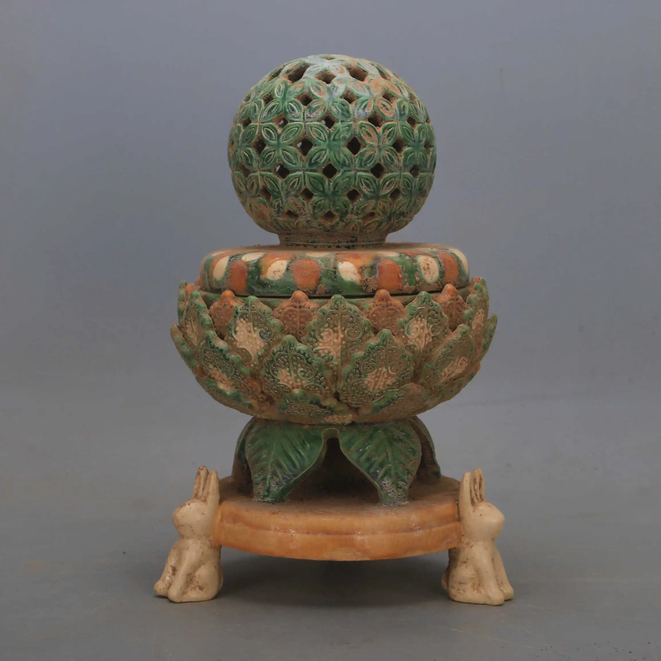 Tang Sancai Style Rabbit Pattern Hollow Leaf Pattern Tripod Incense Burner Chinese Ceramic Home Decor Collectible