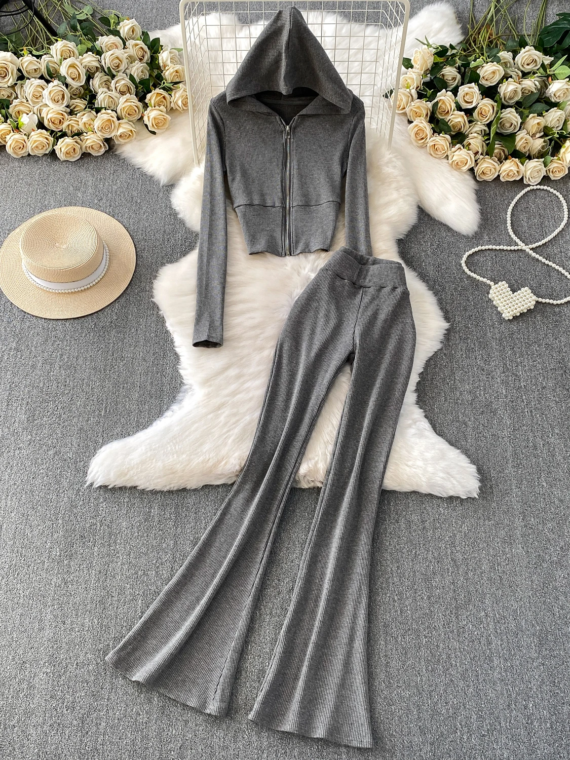 

Casual Knitted ort Coat Zipper Hooded Long Sve Top Slimming Bell Bot Pants Two Piece Set for Women Autumn Faion