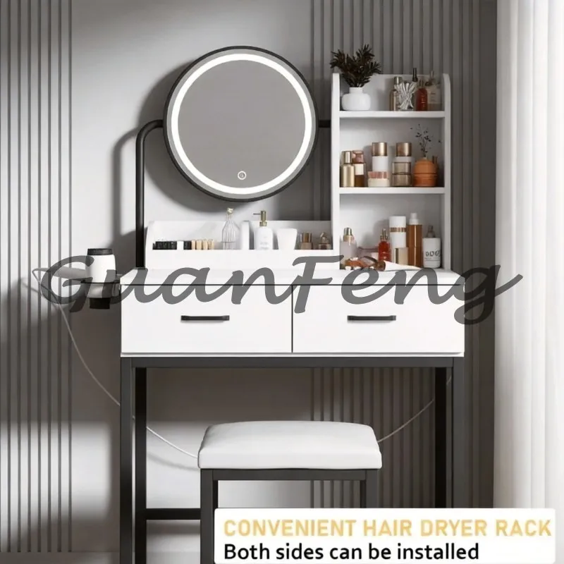 LED Light Mirror Makeup Vanity Table, 3‑Speed Lighting Small Bedroom Dressing Desk With Large Storage