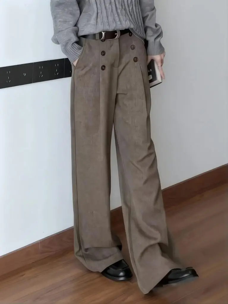 Old Money Dress Trousers Men Wide Pants  Brown Pleated A Line Drape Lazy Style Loose Oversize Pants Streetwear Work wear