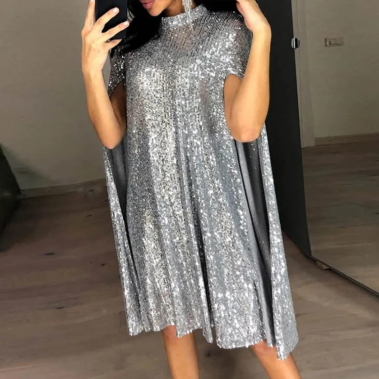 

Spring Sequins Womens Dresses Solid Split Long Sleeves Midi Dress Fashion Stand Collar Loose Elegant Party Female Evening Dress