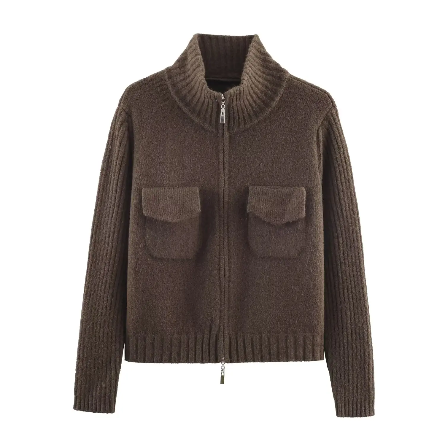 ملابس خارجية محبوكة من Faionable بتصميم سحاب مزدوج من ألياف البوليستر طويلة Sve بطول منتظم معطف نسائي