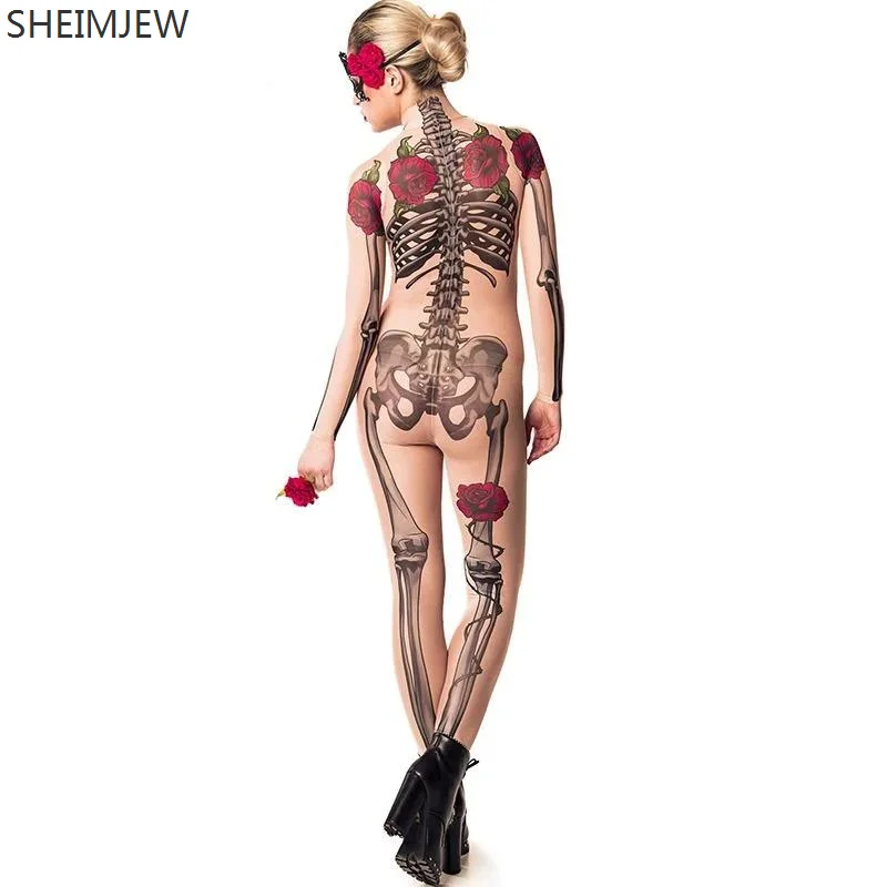 New Sexy a collo alto manica lunga Cosplay Catsuit Skull Skeleton Rose tuta elastica sottile aderente Halloween body Rave Outfits