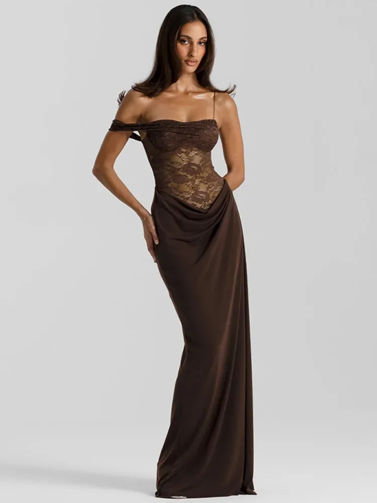 

One Shoulder Lace See Through Sexy Maxi Dress Women Gown Fashion Off-shoulder Sleeveless Backless Club Long Dresses