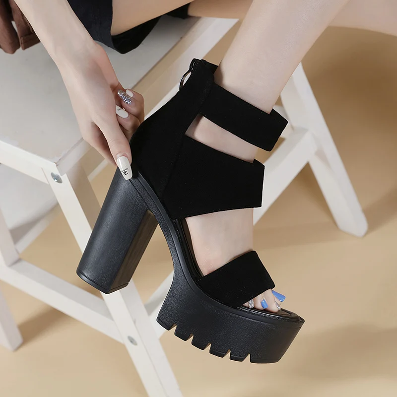 

ZOOKERLIN Platform Peep Toe Suede Strap Women's Sandals Back Zipper Black Gladiator Shoes Hollow 14CM Thick High Heels Summer