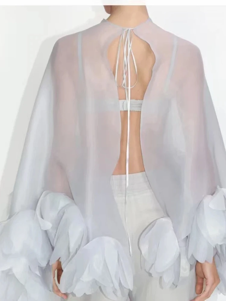 Women's Chiffon Flower Hem O-Neck Backless Top