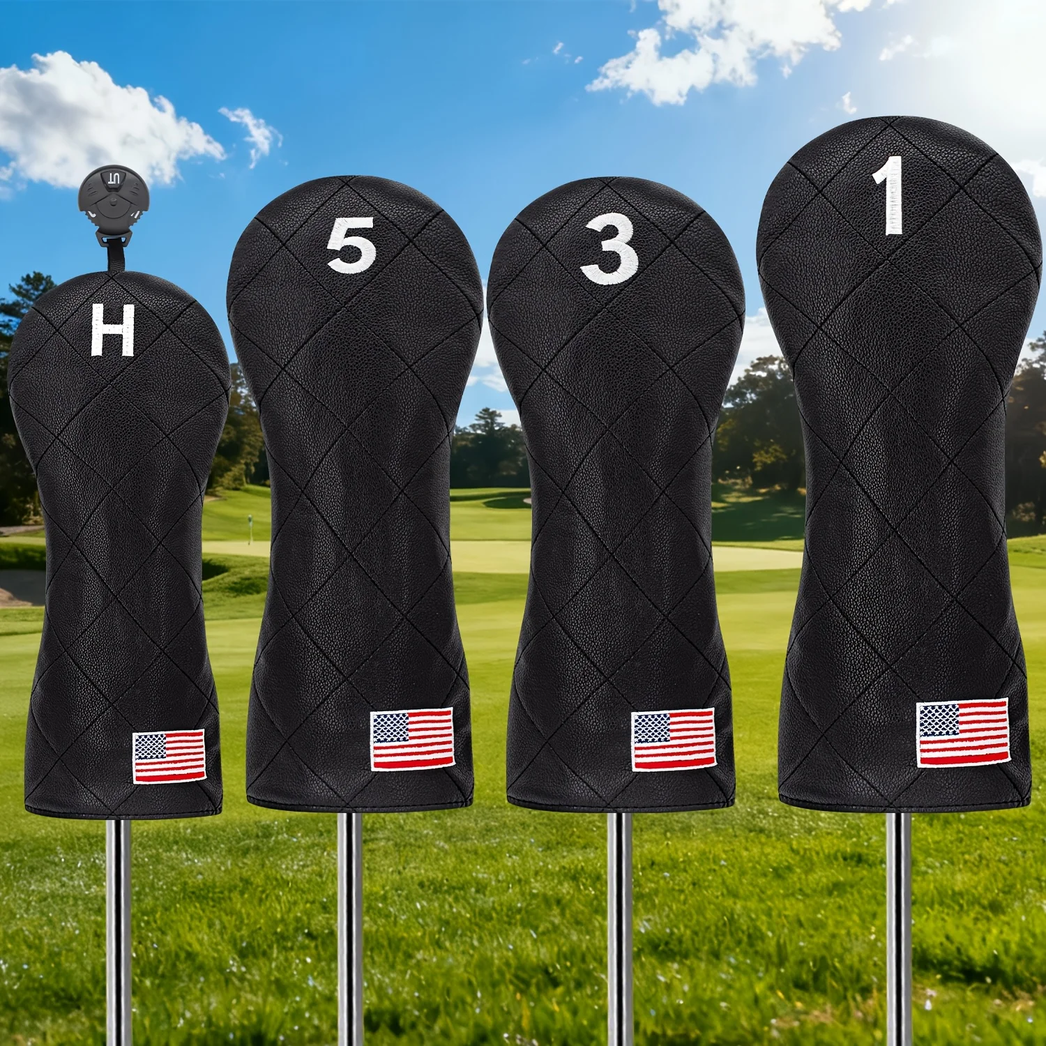 1pc/4pcs American Flag Golf Club Headcovers Set | Black Quilted Grid Design | Driver (1), Fairway (3/5), Hybrid (UT)
