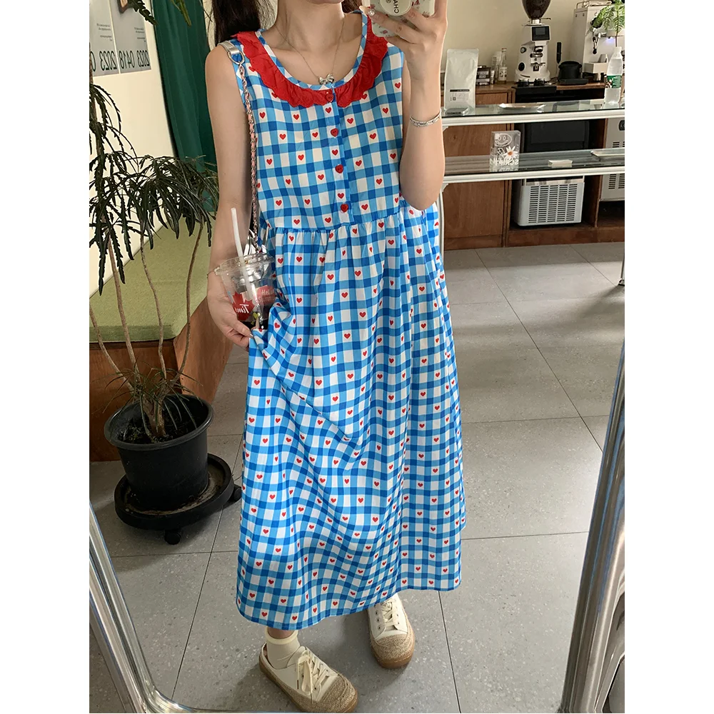 Summer Lively Cute Printing O-neck Sleeveless Floral Dress Ladies Sweet Patchwork Buttons Loose Tank Top Princess Dress Women's