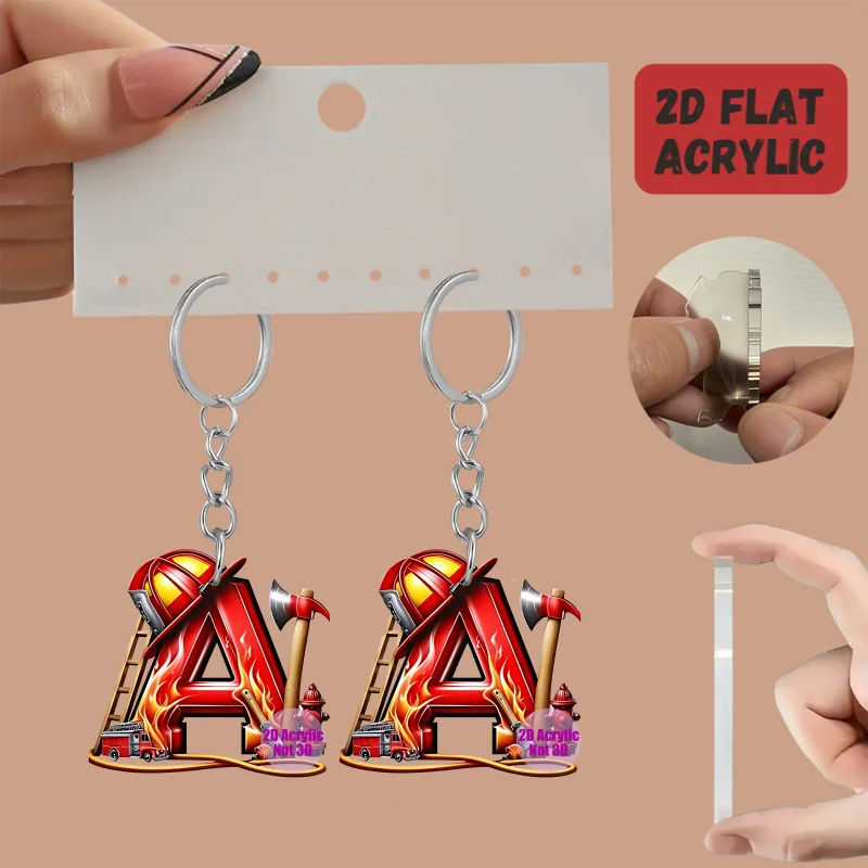 2D Flat - Firefighter-Themed Keychain with 26 Letters - Made of Durable Iron And Acrylic, Featuring a Vibrant Fire Truck Design,