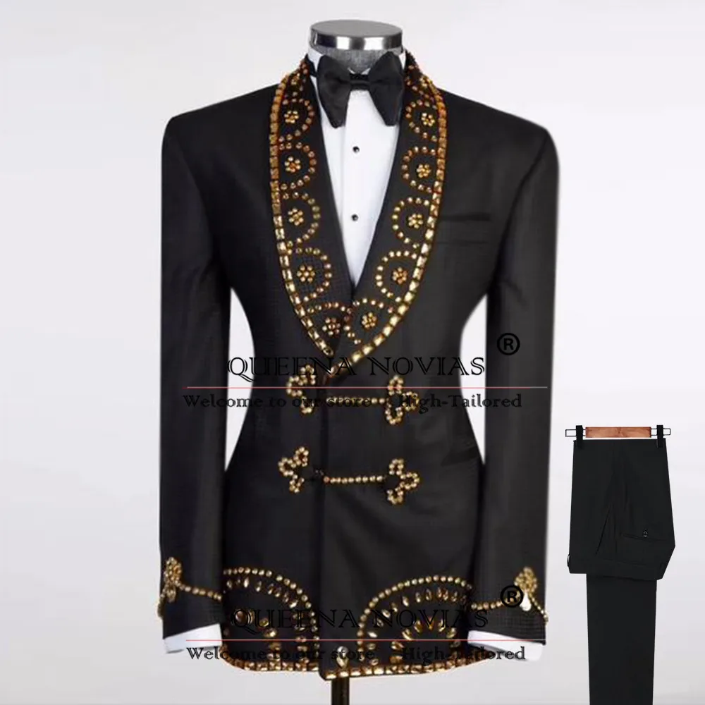 

Elegant Beaded Stone Suit Men Slim FIt 2-Piece Sets Double Breasted Prom Blazer Italian Design Groom Wedding Tuxedo Man Clothing