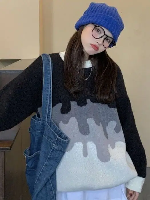 ملابس تريكو نسائية باللون الأزرق من Faionable تصميم ملون فضفاض مناسب طويل Sve قميص خريفي حراري دافئ #3