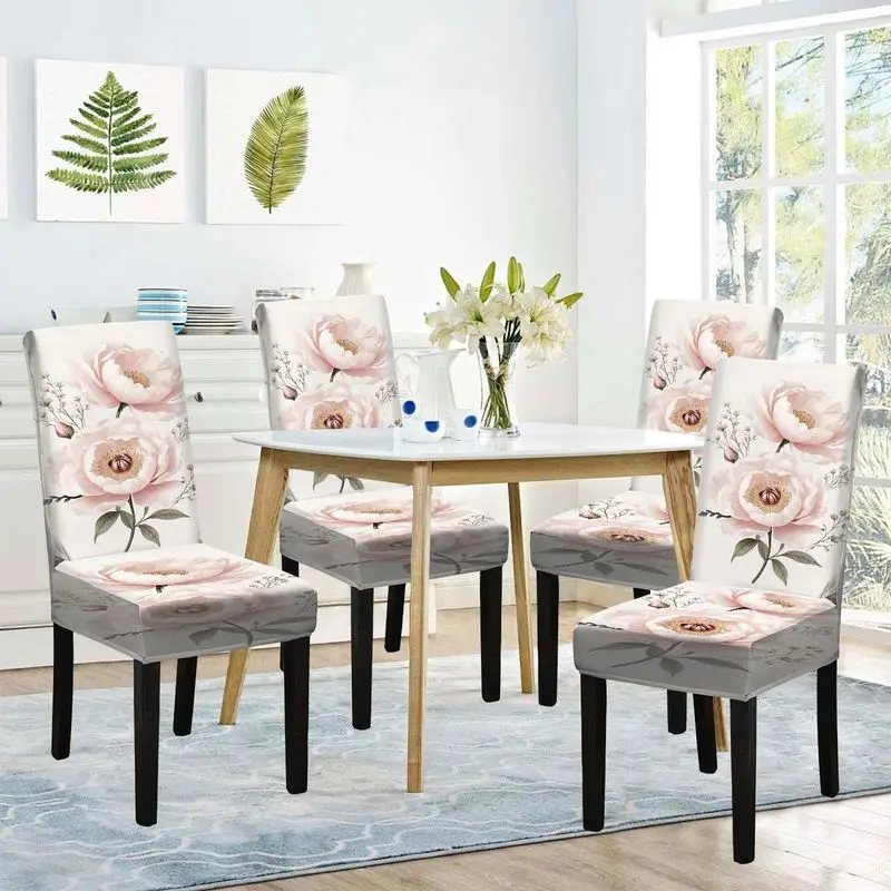 Flat print dining chair cover Pale pink peony pattern, reusable, washable, home dining chair cover