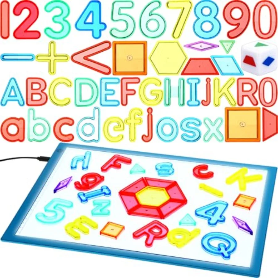 

Sensory Light Table Portable Light up Sensory Table with 208 Pcs Translucent Geometric Letters Math Blocks 13" Adjustable Brigh