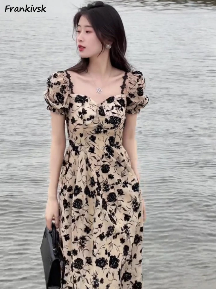 

A-Line Dresses Women Elegant All-match Chic Retro Backless Empire Ladies Clothing Sweet Summer Floral Midi Korean Style Fashion