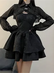 Black Sexy Lolita Dress Women Gothic Vintage Harajuku Halloween Cosplay Costumes Long Sleeve Fairy Dress Women's Two Piece Set