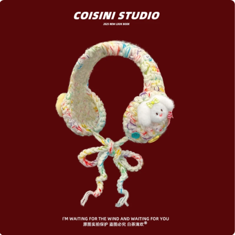 

Корейские нишевые вязаные наушники ручной работы с рисунком щенка и бантом, женские зимние уличные теплые повязки на голову на шнуровке