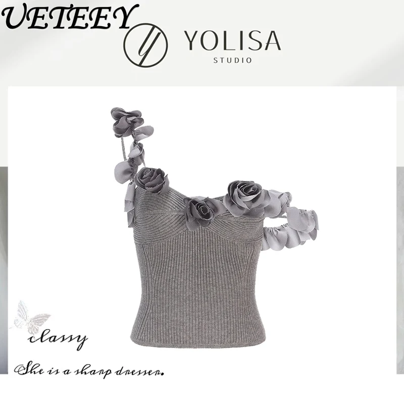 Canotta estiva con base a tracolla lavorata a maglia con fiori grigi Design Sense Temperamento Stile elegante Capispalla per celebrità Canotta corta per donna