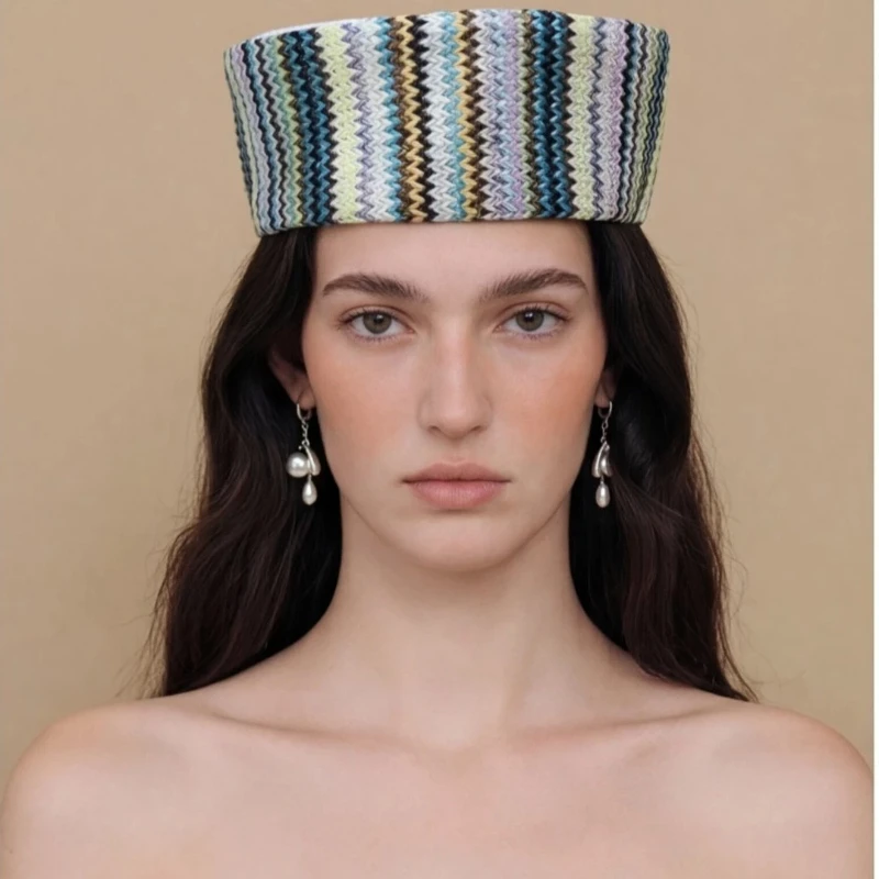 Retro Striped Medicine Box Beret Hats for Women Flat Top Hat Summer Autumn European American Fisherman Pillbox Hat Chapeau Homme