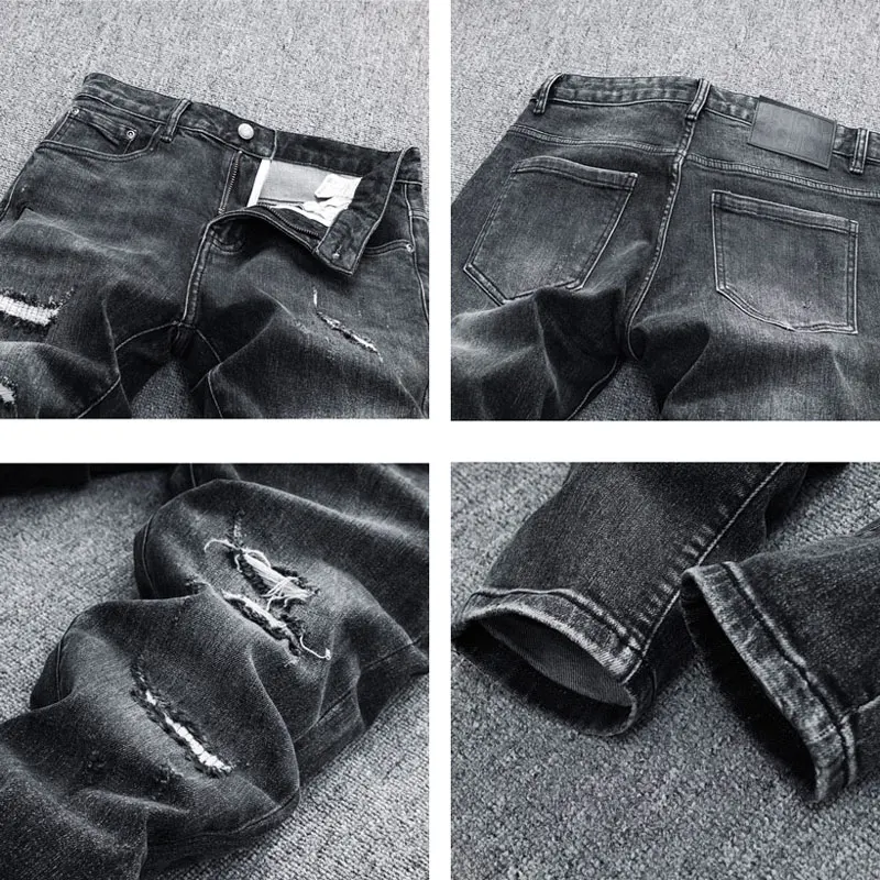 Street Fashion Men Jeans Retro Black Gray Stretch Skinny Fit Hole Ripped Jeans Men Vintage Designer Hip Hop Denim Pencil Pants
