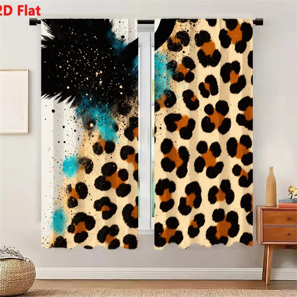 2Pcs Curtains 2D Flat Leopard - Print Pattern Light Beige Base With Black Spots Tan Oval Spots And Black Feather - Like Shape Te