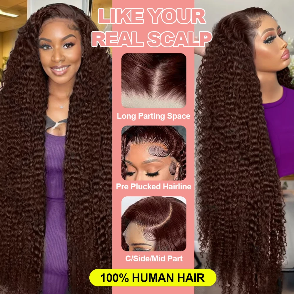 Parrucca per capelli umani ricci marrone cioccolato 13x6 Parrucche frontali in pizzo trasparente da 40 pollici per le donne Colore 13x4 Parrucca anteriore in pizzo HD con onda profonda