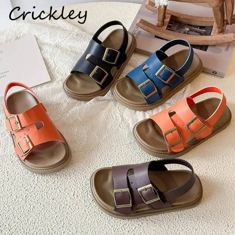 2026 Solid Buckle Boys Girls Sandals Summer PU Leather Soft Kids Sandals Casual Anti Slip Soft Children Beach Shoes
