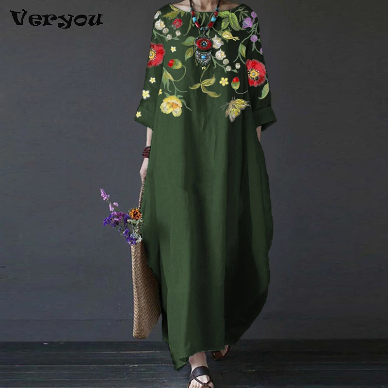 

Women Loose Floral Print Vintage Summer 3/4 Sleeve Maxi Dreses For Women Spring Party Elegant Party Dresses 2023