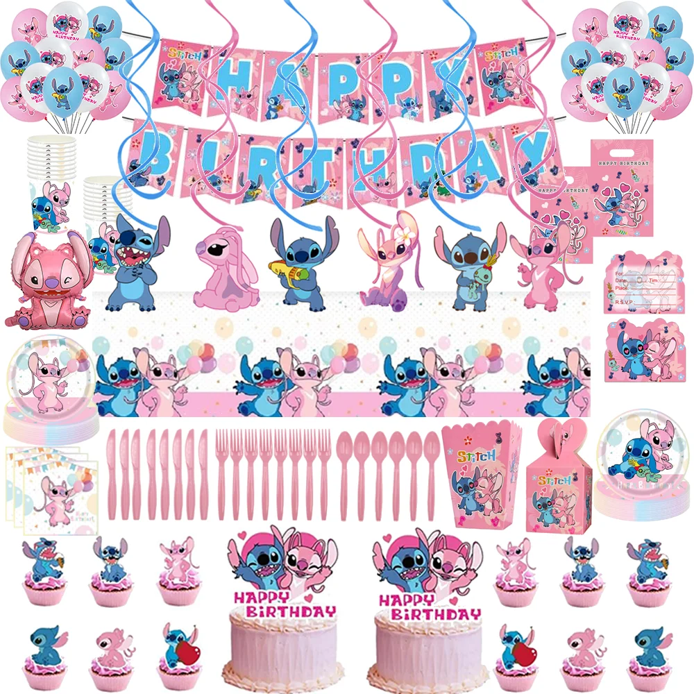 Pink Lilo and Stitch Angel Birthday Party Decoration Disposable Tableware Napkin Tablecloth Balloon Girls Baby Shower Supplies