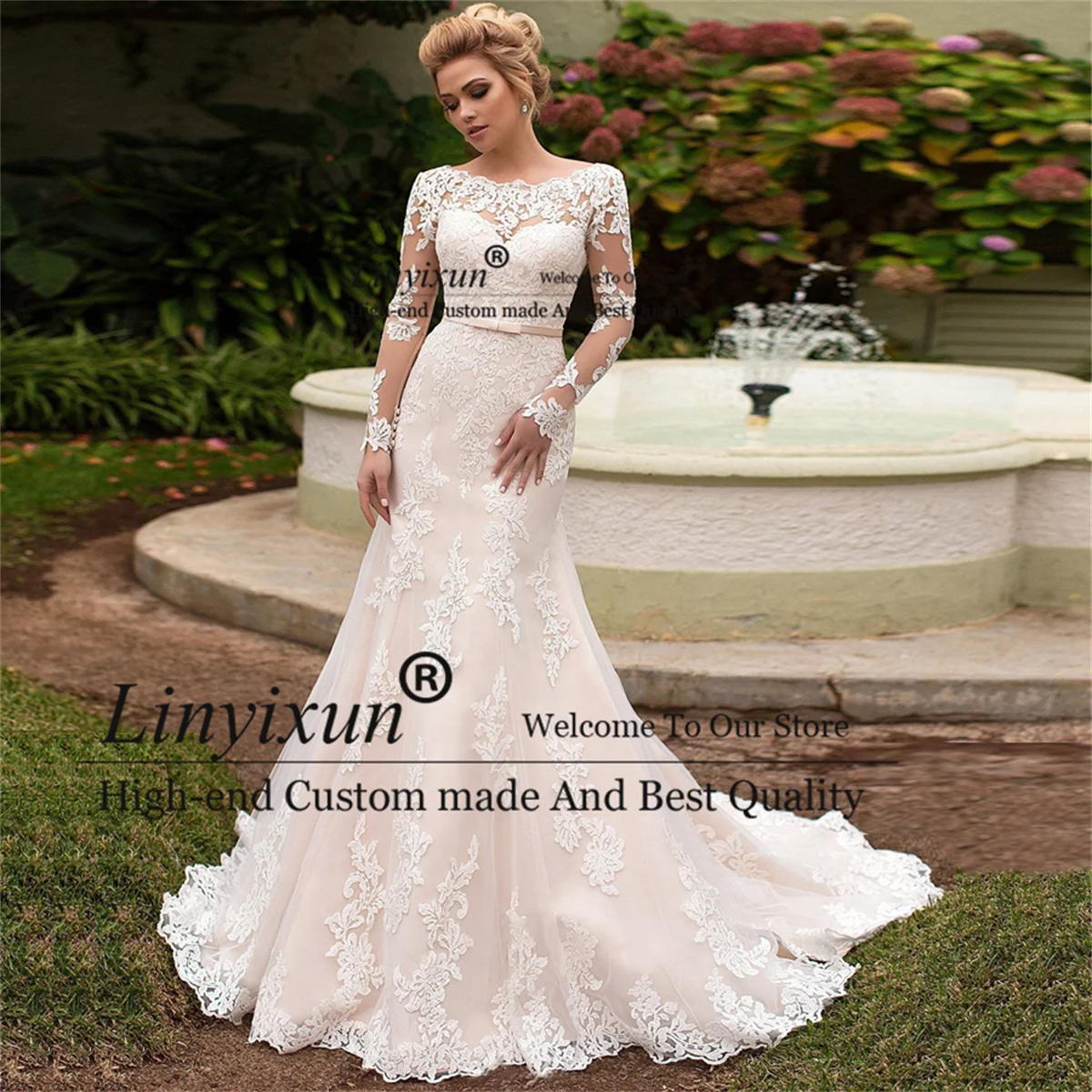 Elegant Long Sleeves Lace Mermaid Wedding Dresses With Sashs Scoop Neck Lace Up Tulle Bridal Gowns Sweep Train Vestidos De Novia