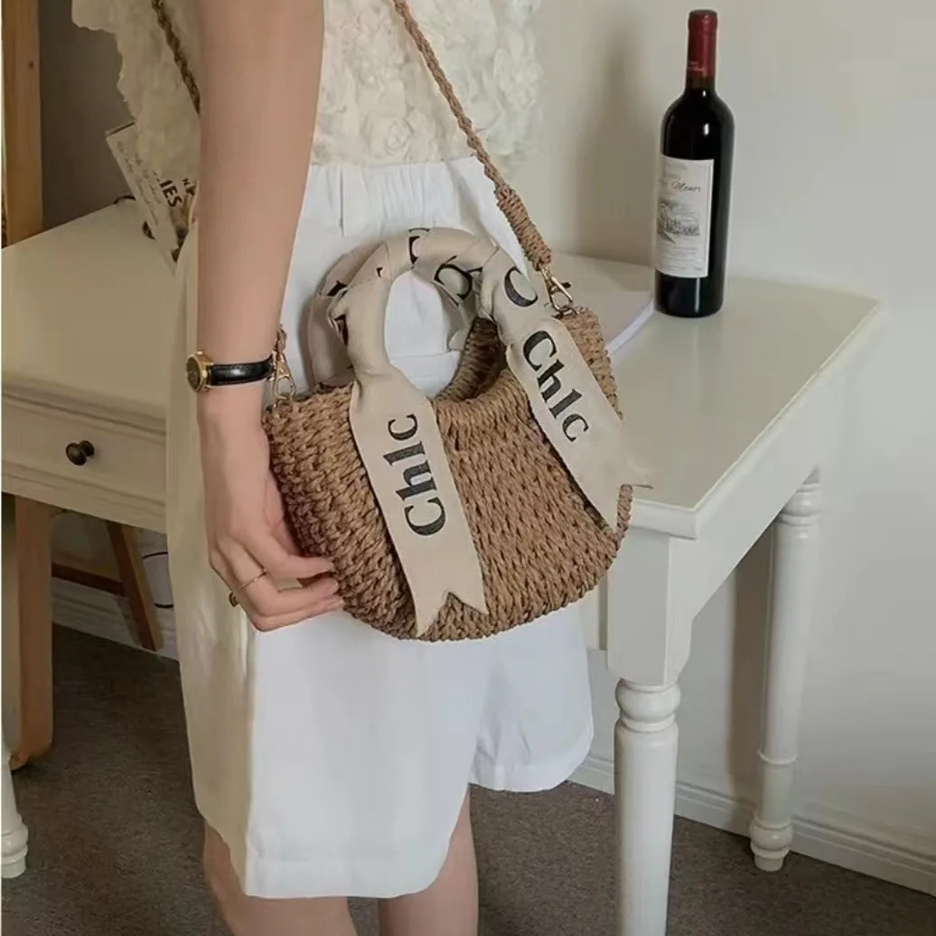 Bolso tejido de paja para mujer, bandolera con bufanda y letras, versátil, ideal para vacaciones en la playa, novedad de verano